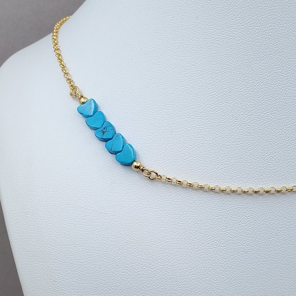 5 Turquoise Hearts Choker 14k Gold Plated on 925 - Picture 6 of 8